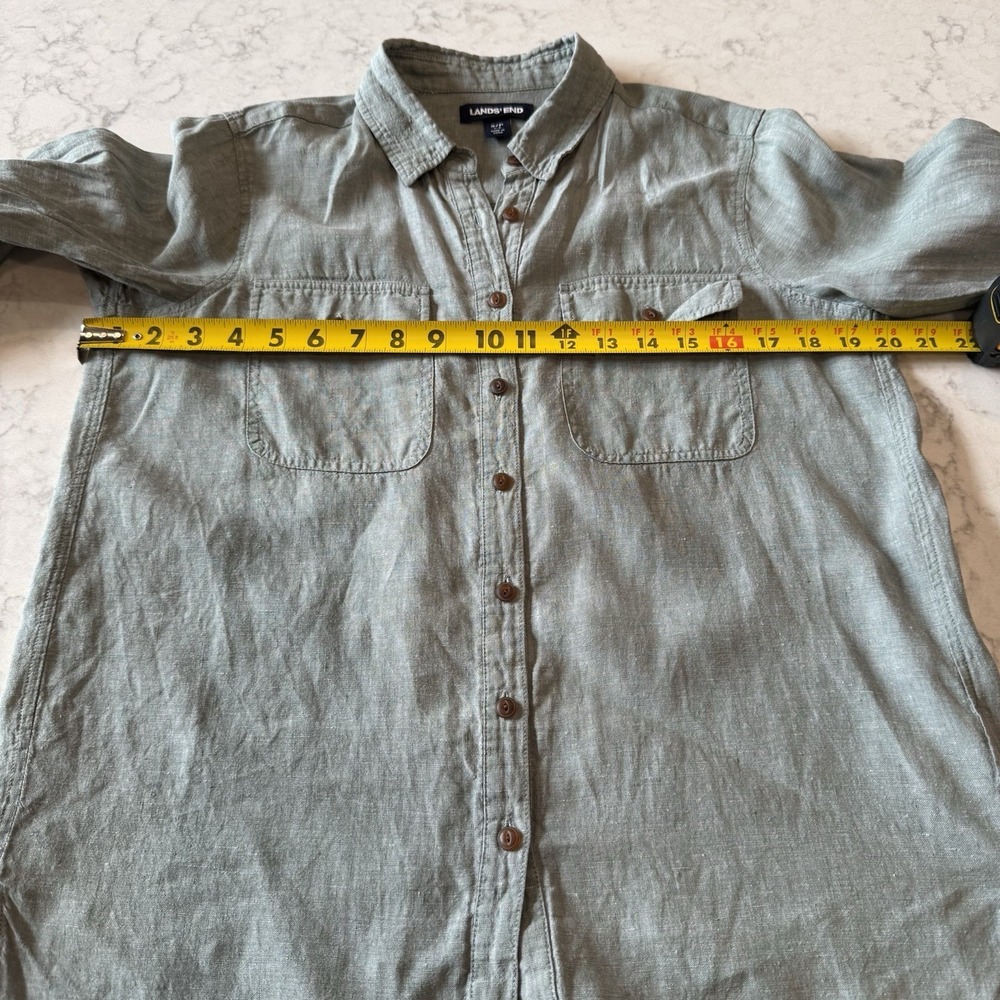Lands End 100% Linen Utility Button Up Shirt S(6-8) Dark Sage Roll Tab Sleeve - Picture 4 of 6